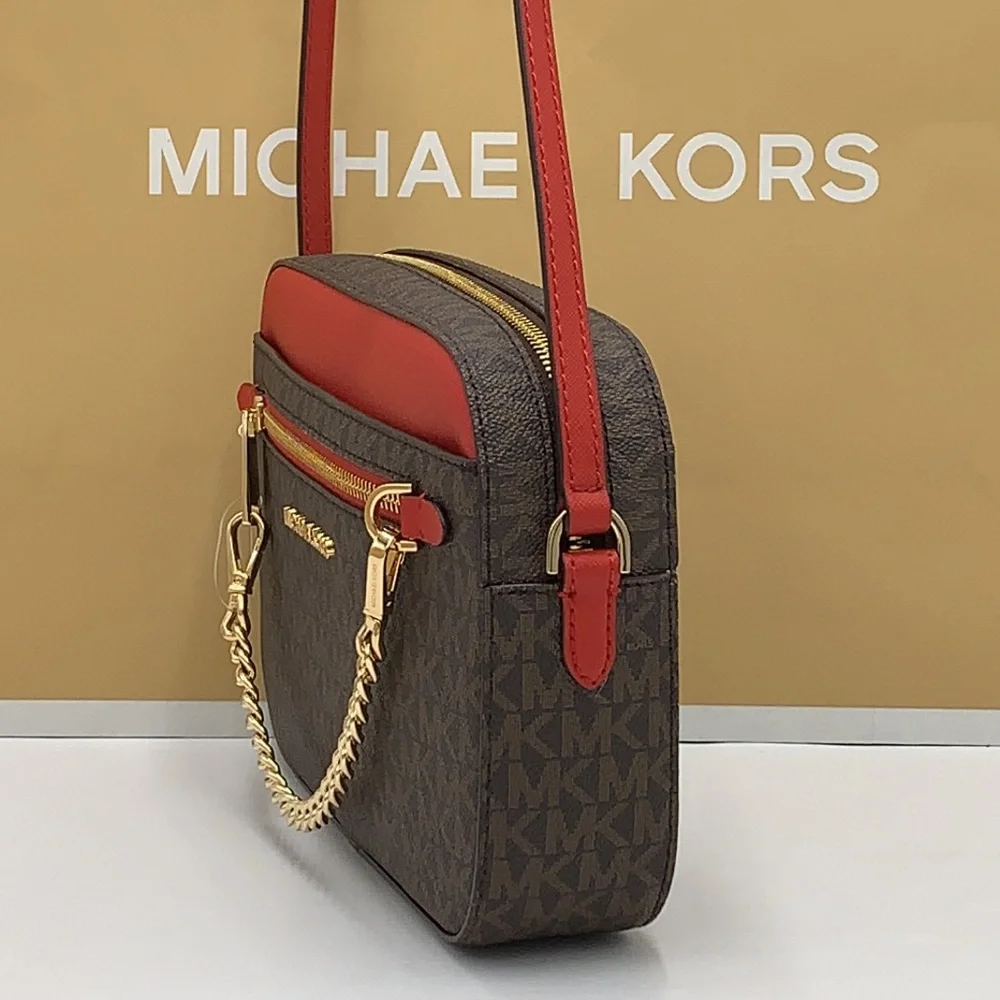 MICHAEL KORS LARGE EAST WEST ZIP CHAIN XBODY FLAME MULTI/ BROWN - Picture 5 of 16